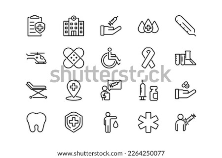 Hospital and medical care lines icon set. Hospital genres and attributes. Linear design. Lines with editable stroke. Isolated vector icons. Royalty-Free Stock Photo #2264250077