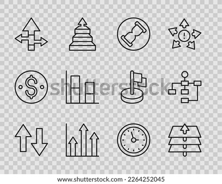 Set line Arrow, Layers, Old hourglass with sand, Pie chart infographic, Graph, chart, diagram, Clock and Hierarchy organogram icon. Vector