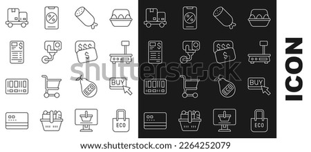 Set line Shopping bag with recycle, Buy button, Electronic scales, Salami sausage, Security camera, Paper or financial check, Hand truck and boxes and New price tag dollar icon. Vector