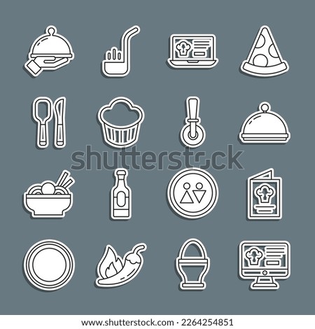 Set line Online ordering and delivery, Cookbook, Covered with tray, Cupcake, Knife spoon, of food and Pizza knife icon. Vector