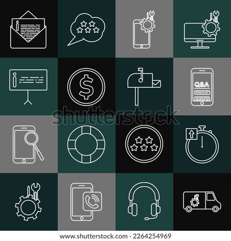 Set line Car service, Stopwatch, Mobile Question and Exclamation, Coin money with dollar, Information, Envelope and Open mail box icon. Vector