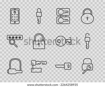Set line Bicycle lock, Lock repair, Casting keys, Marked, Mobile and graphic password, Key and Unlocked icon. Vector