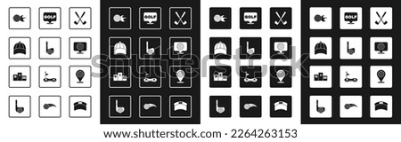 Set Crossed golf club, Golf with ball, Baseball cap, label, Location sport and Award over sports winner podium icon. Vector