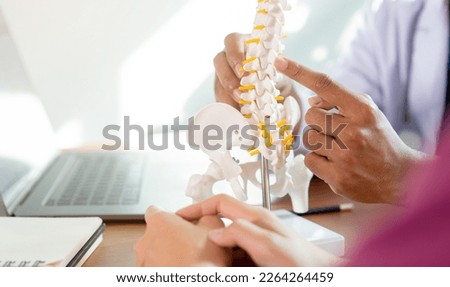 close up physical therapist hand pointing on human skeleton at low back to advise and consult to patient to treatment at office for healthcare concept Royalty-Free Stock Photo #2264264459