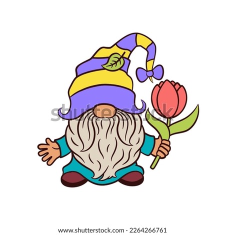 Cute spring gnome with tulip flower. Funny hat scandinavian gnome spring cottage core garden theme. Adorable nordic dwarf tomte nisse isolated on white background. Springtime vector illustration.