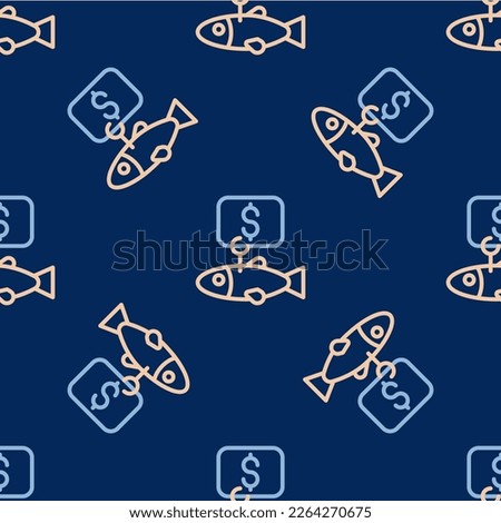 Line Price tag for fish icon isolated seamless pattern on blue background.  Vector