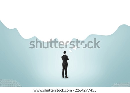 Brainstorm, idea and decision concept with pensive man on blue abstract background and white blank speech bubble with place for advertising poster or text in form of cloud, mockup