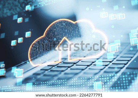 Data transfer and storage concept with digital cloud symbol with arrow inside among pixels on modern laptop keyboard background, double exposure
