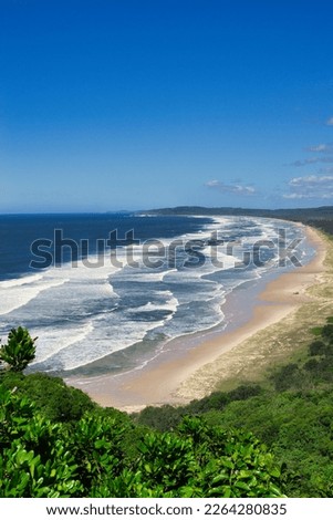 An amazing view looking onto Tallow Beach in Byron Bay. The Pacific Ocean is a blue turquoise with white waves. The sand is golden, and the beach is surrounded by the green of Arakwai National Park.  Royalty-Free Stock Photo #2264280835
