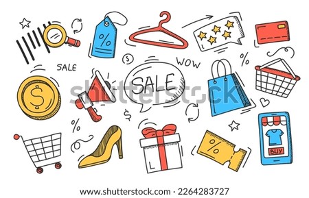 Shopping doodle icons vector isolated. Collection of cute hand drawn pictograms. Shopping basket, credit card and different accessories.