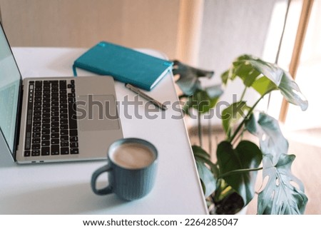 Laptop with coffee cup on desktop with notepad and home plants.