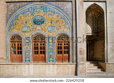 Old ceramic tiles on the wall of the royal palace Golestan in Tehran, Iran. Golestan Palace is the oldest groups of buildings in Teheran, became the seat of government of the Qajar family in 1779.