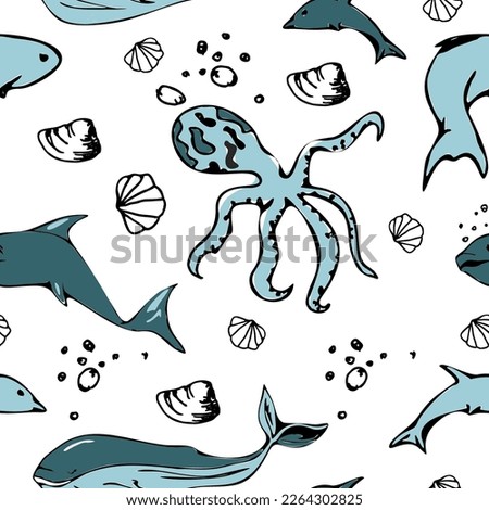 Illustration underwater animals. Marine coloring doodle with different nautical elements. Vector nautical seamless pattern with sea elements. for wallpapers, prints, textiles, fabric, backgrounds.