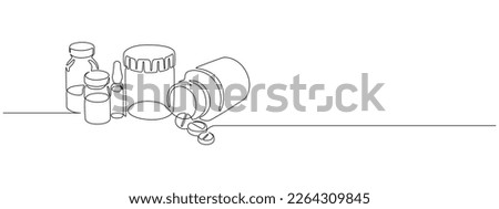 One continuous line drawing of medicine set with pills. Pharmaceutical components and capsules in container with drugs symbols in simple linear style. Editable stroke. Doodle vector illustration Royalty-Free Stock Photo #2264309845