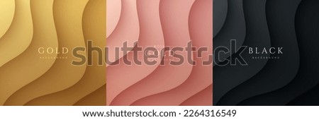 Set of abstract 3D waves ripples layers pattern on golden, pink gold, black background. Curve topography contour lines texture with light and shadow. Luxury and elegant template design. Vector EPS10. Royalty-Free Stock Photo #2264316549