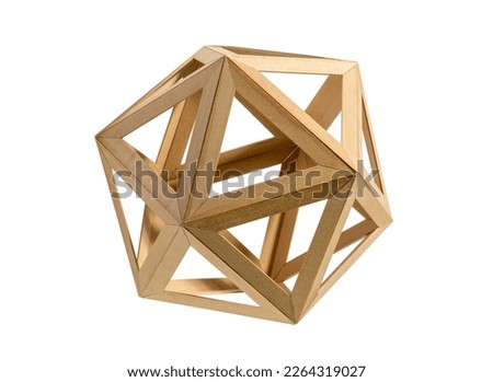 Geometric shaped icosahedron made of light wood with triangles isolated on white background