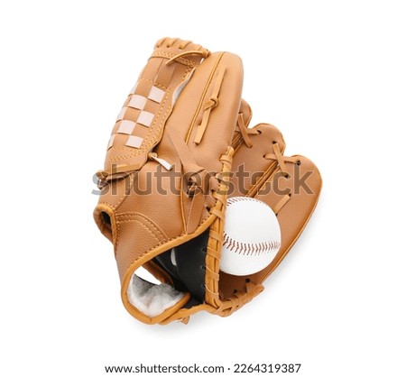 Leather baseball glove with ball isolated on white, top view Royalty-Free Stock Photo #2264319387