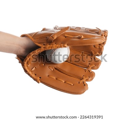 Woman with leather baseball glove and ball on white background Royalty-Free Stock Photo #2264319391