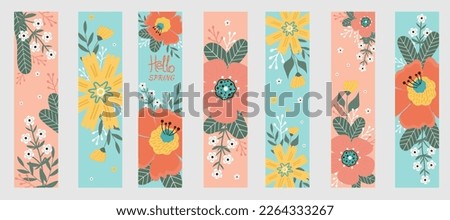 Set spring bookmarks. Hello spring. Spring flowers, leaves on pink and blue background. Banners, flyers, posters, postcards. 