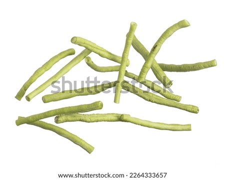 Chopped Long yard bean fly explosion, Cut green long beans for food cooking float in air. Raw slice long yard bean throw in mid air as food material. White background isolated high speed freeze motion