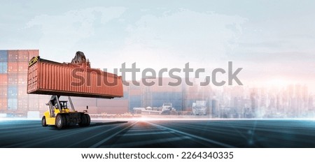 Container handler forklift lifting in shipping yard with stack of colorful containers box background, copy space, Logistics import export goods of freight carrier and transportation industry concept Royalty-Free Stock Photo #2264340335