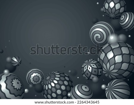 Realistic decorated metallic spheres vector illustration, abstract background with beautiful balls of shiny metal with patterns and depth of field effect, 3D globes design concept art.