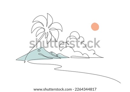 Tropics oasis island line drawing. Abstract tropical landscape continuous art line with mountains, sea, coconut palm tree, cloudscape. Vector nature wallpaper for minimal poster, template