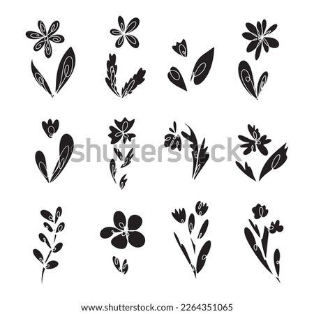 vector collection set of flowers botany line solid line draw black silhouette pink background suitable for social media