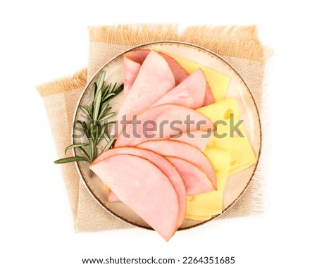 Plate with tasty slices of ham, rosemary and cheese isolated on white background Royalty-Free Stock Photo #2264351685