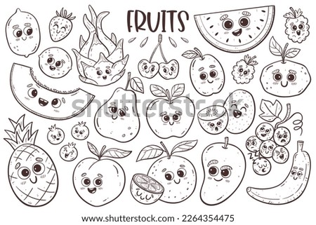 Cute fruit collection with cartoon faces. Isolated doodle cliparts. Vector illustration.