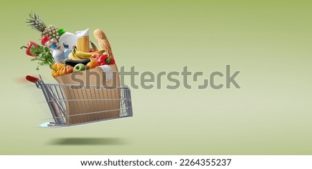 Fast rocket-propelled shopping cart flying and delivering fresh groceries, online grocery shopping and express delivery concept Royalty-Free Stock Photo #2264355237