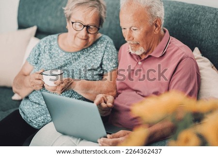 Serene 80s real couple at home using modern laptop technology with internet connection surfing the web and enjoying time and indoo rleisure activity. Mature people and computer activity. Watching web Royalty-Free Stock Photo #2264362437
