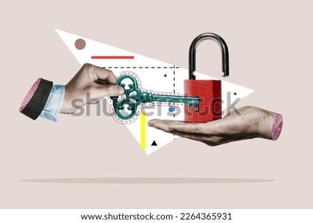 A hand with a key opens the lock. Art collage. Royalty-Free Stock Photo #2264365931