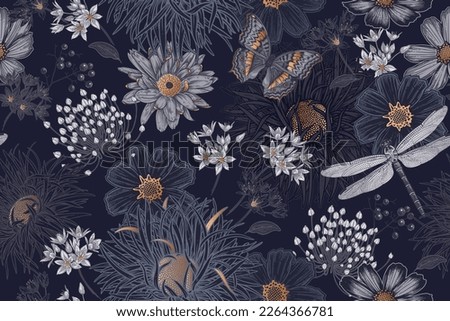 Cute wildflowers, butterflies and dragonflies seamless pattern. Flowers and insects. Vector art illustration. Navy blue background and gold foil printing. Floral pattern for textiles, paper, wallpaper Royalty-Free Stock Photo #2264366781
