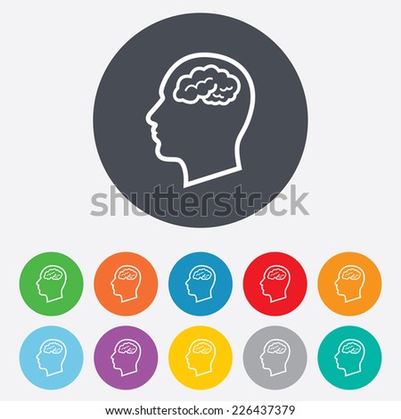 Head with brain sign icon. Male human head think symbol. Round colourful 11 buttons. Vector