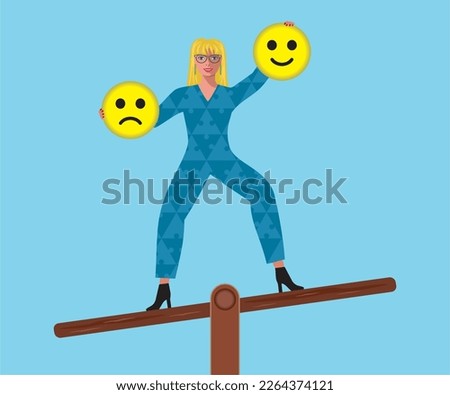 Cool woman holding up the happy face on emoji. Standing on 