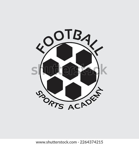 Football sports academy logo design with black and white football and typography