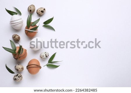 Easter eggs decorated with green leaves on white background, flat lay. Space for text