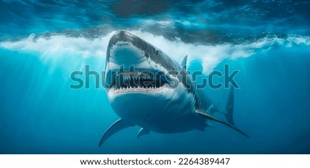 Ocean shark bottom view from below. Open toothy dangerous mouth with many teeth. Underwater blue sea waves clear water shark swims forward Royalty-Free Stock Photo #2264389447