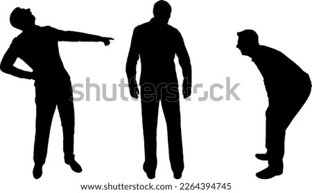 Silhouettes of two men laughing at another person pointing a finger at him. The concept of bullying, inequality and not only. Vector Silhouette Royalty-Free Stock Photo #2264394745