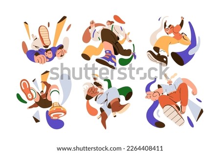 Happy young free people jumping up, flying with fun, joy emotions. Energy, freedom, enthusiasm, new heights, goals, aspirations concept. Flat graphic vector illustrations isolated on white background Royalty-Free Stock Photo #2264408411