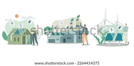 Set of sustainable, House with solar panels, Environmental protection factory. Wind Turbine Generates Electricity Conserves Nature,
 Ecological life with alternative energy. Vector illustration.