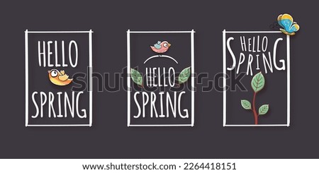 Hello spring frame set with spring birds and flowers on grey background. Hello spring clip art simple cut paper style illustration design template