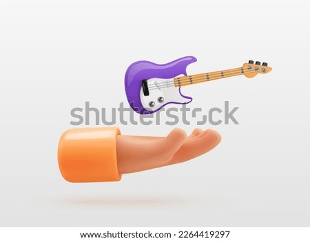 3d cartoon human hand holding toy electric guitar vector design elements. Little string music equipment above arm on white background. Online guitar lessons 