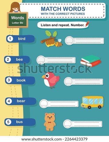 Match words with the correct pictures letter B illustration, vector
