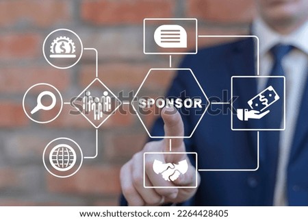 Businessman working on virtual screen of future and sees word: SPONSOR. Sponsor and sponsorship concept. Crowdfunding. Royalty-Free Stock Photo #2264428405