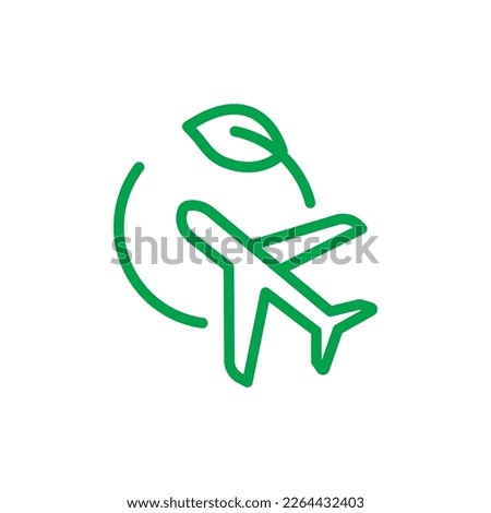Electric plane line icon. Airplane in green circle with a leaf. Aircraft powered by electricity. Green aviation concept illustration.