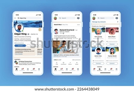 Mobile interface inspired by linkedin style. Business and employment-focused social media platform. App for professional networking and career development Royalty-Free Stock Photo #2264438049