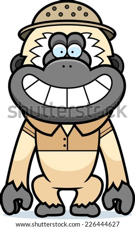 A cartoon illustration of a gibbon in a safari outfit and pith.