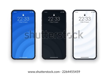 Different Minimal Blue Black Light Grey 3D Smooth Blurred Lines Wallpaper Set On Photo Realistic Cell Phone Screen Isolated On White Background. Various Vertical Abstract Screensavers For Smartphone Royalty-Free Stock Photo #2264455459